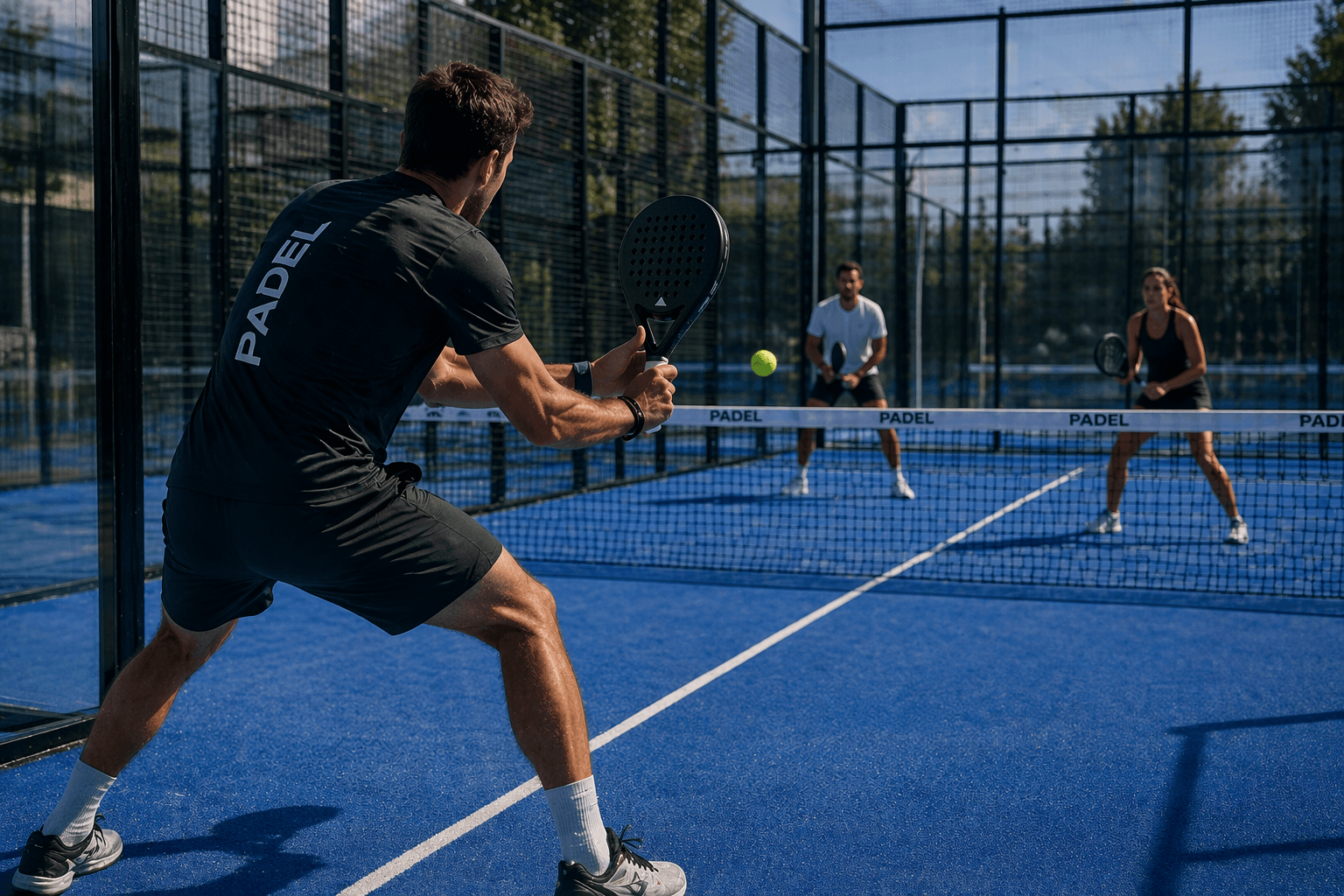 Group of padel players celebrating after a match at a club