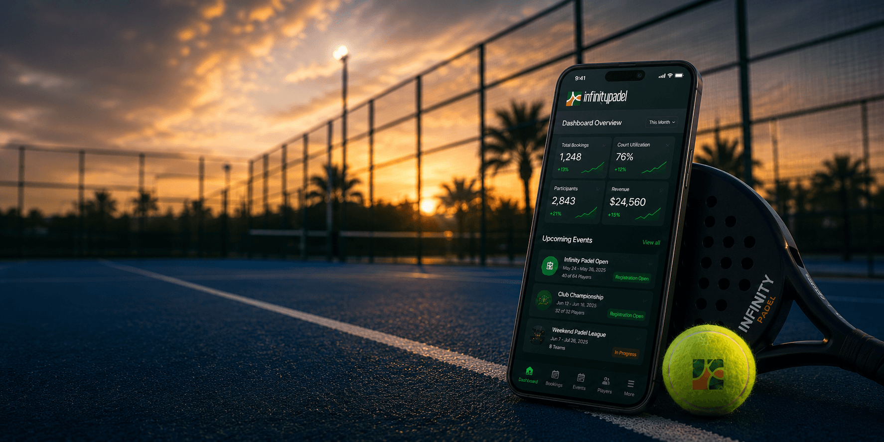 Infinity Padel app on a phone beside a padel racket and ball on a court at sunset